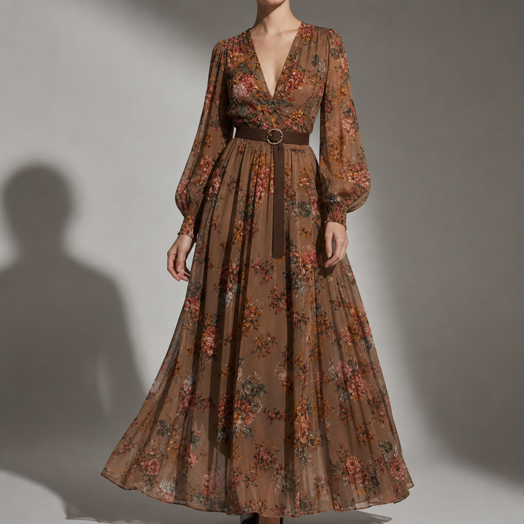 Montalcino Embroidered Boho Maxi Dress in Brown