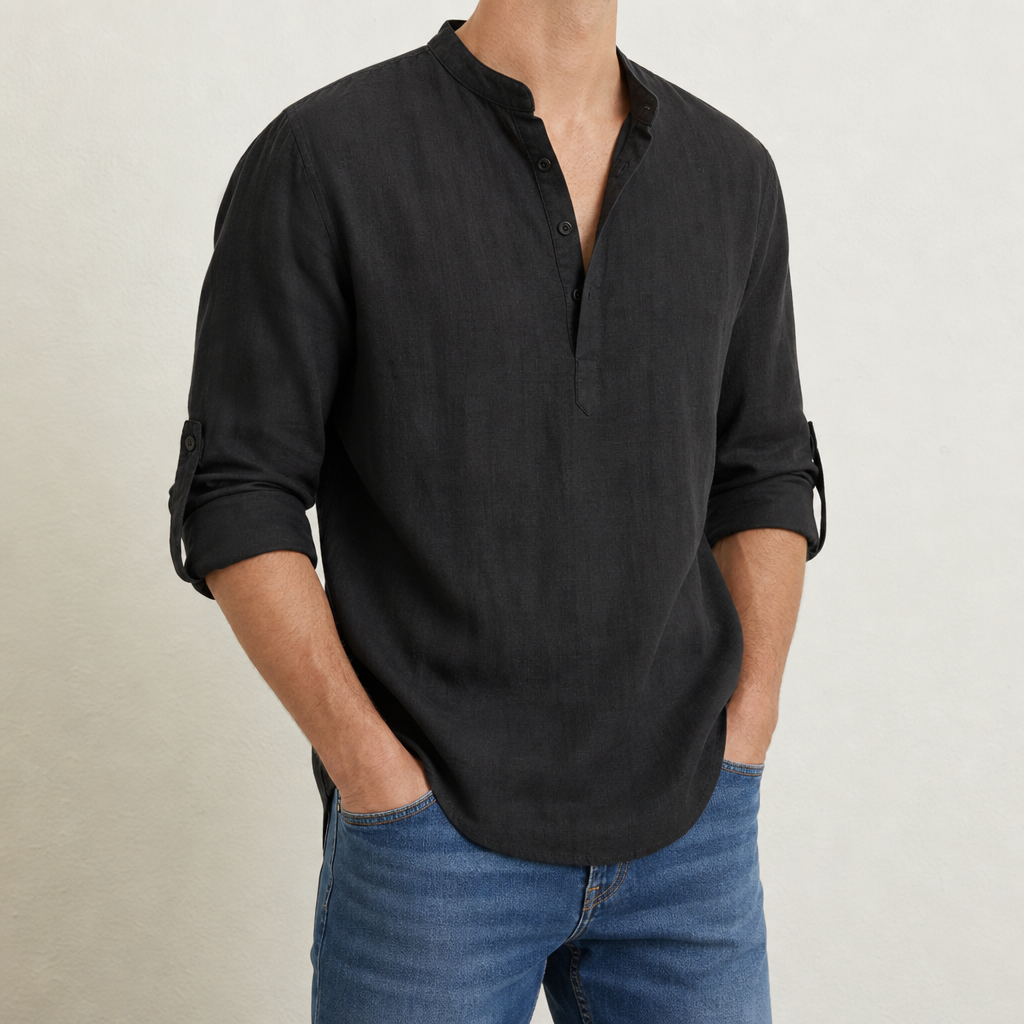 Apt Relaxed Linen Henley Shirt in Black