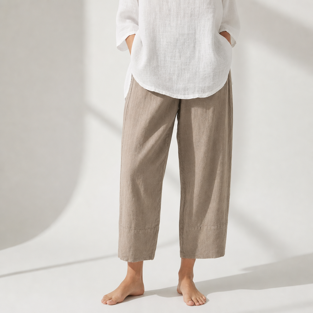 Antiparos Loose Linen Cropped Pants in Khaki