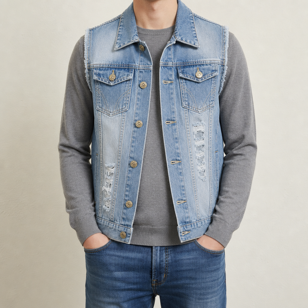 Larnaca Distressed Denim Vest in Light Blue