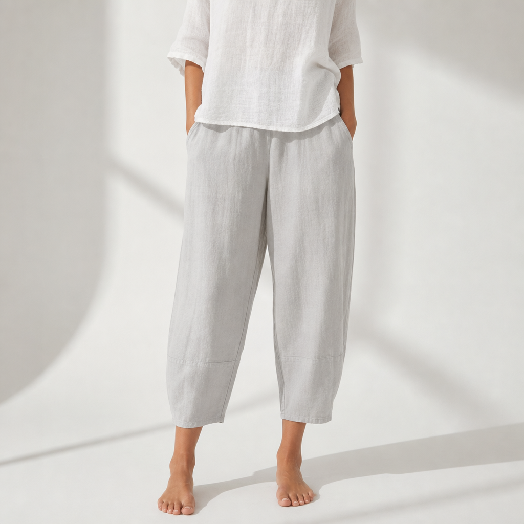 Antiparos Loose Linen Cropped Pants in Light Gray