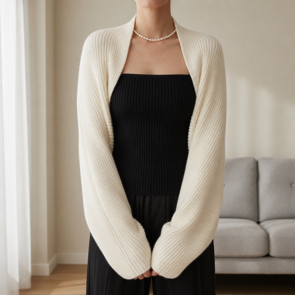Sitges Ribbed Knit Shrug Cardigan in Off White