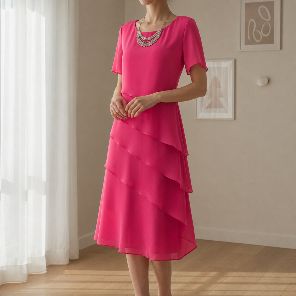 Mantova Tiered Chiffon Midi Dress in Pink