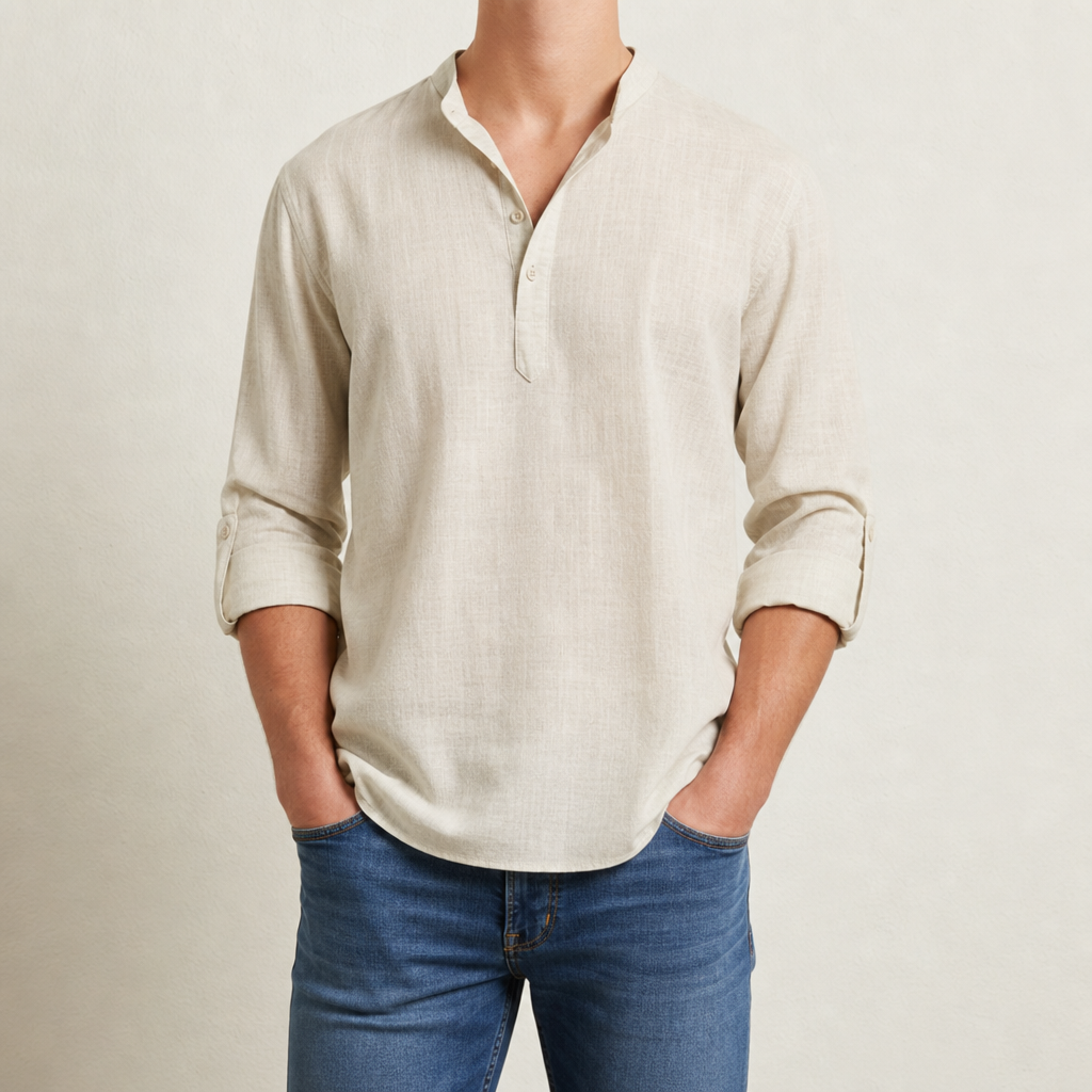 Apt Relaxed Linen Henley Shirt in Beige
