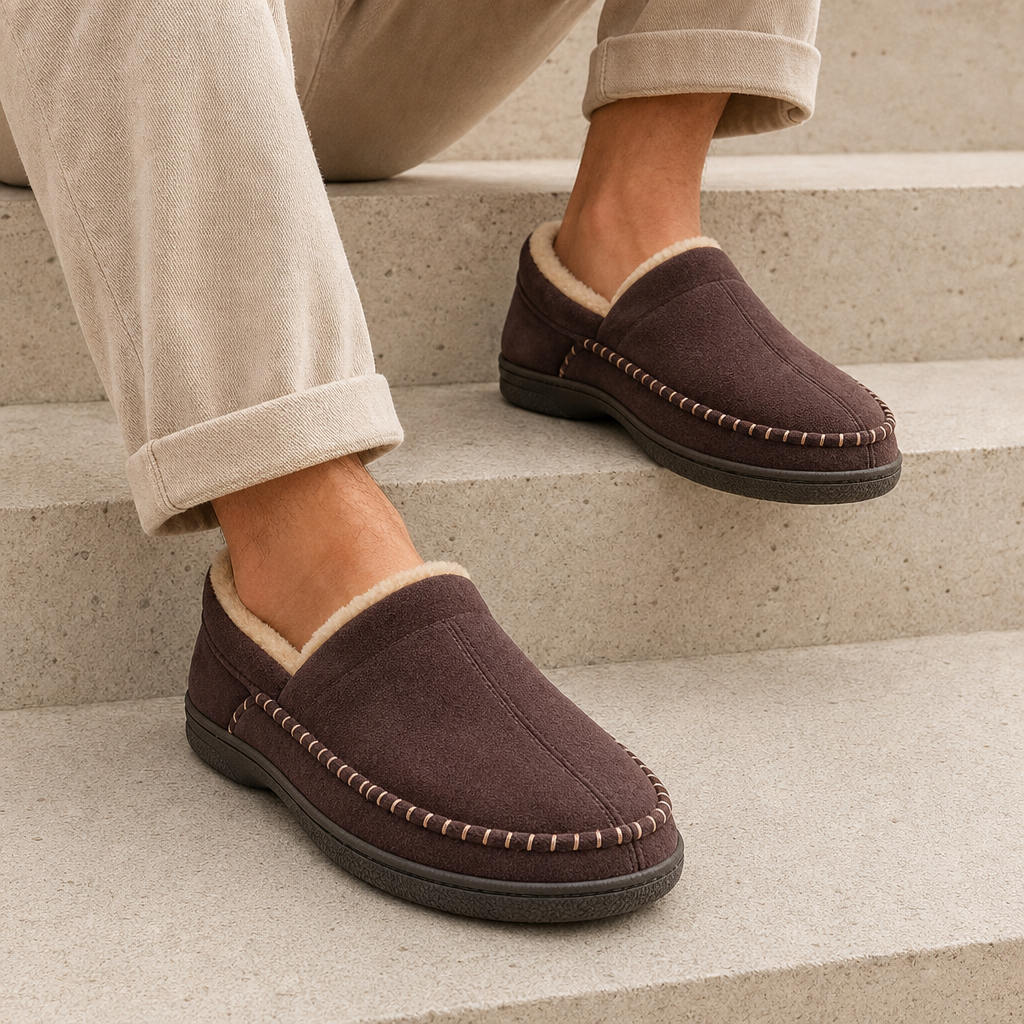 Aegina Fleece Lined Moccasin House Slippers in Coffee