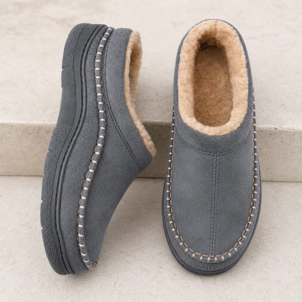 Aegina Fleece Lined Moccasin House Slippers in Gray