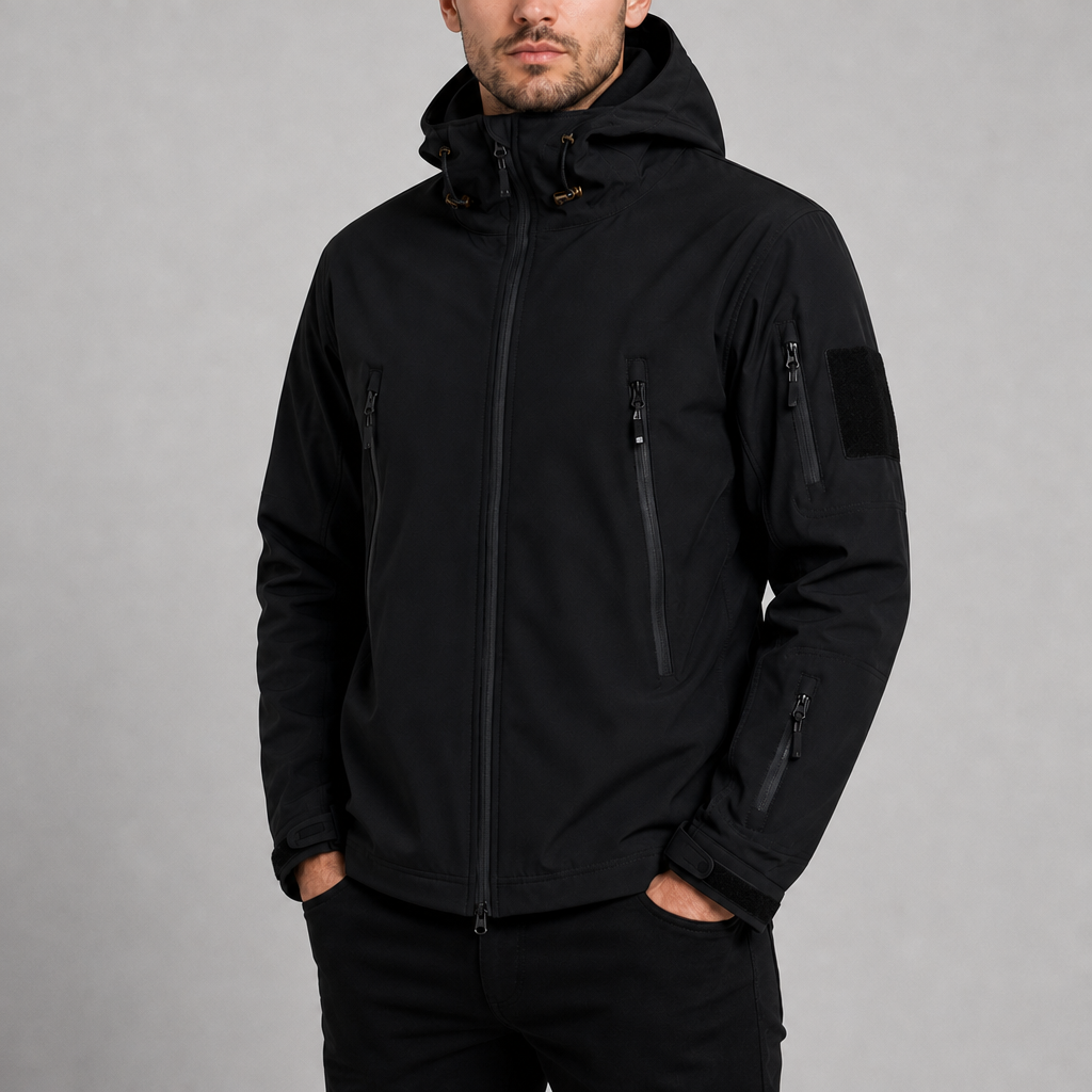 Ajaccio Hooded Tactical Softshell Jacket in Black