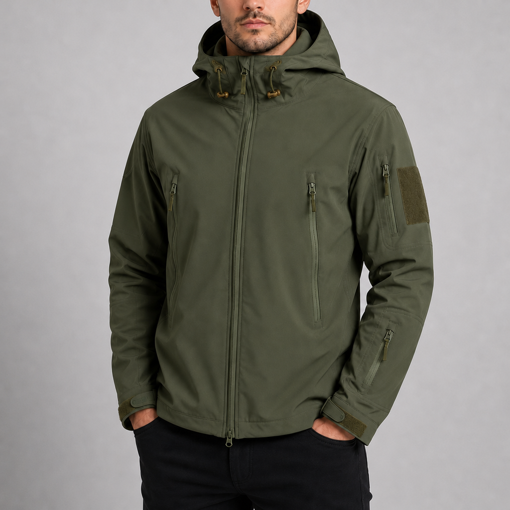 Ajaccio Hooded Tactical Softshell Jacket in Olive green