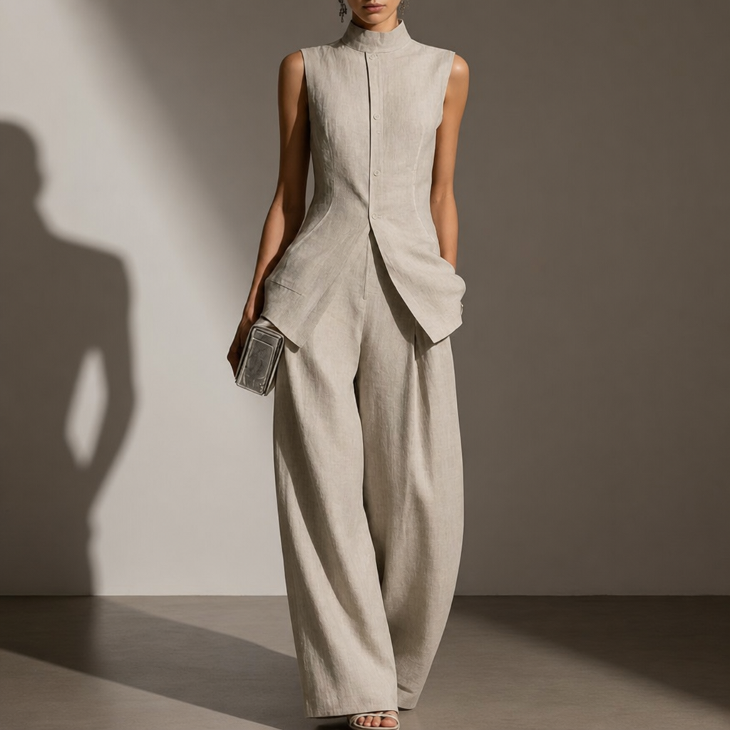 Altea Linen Mock Neck Pant Set in Beige