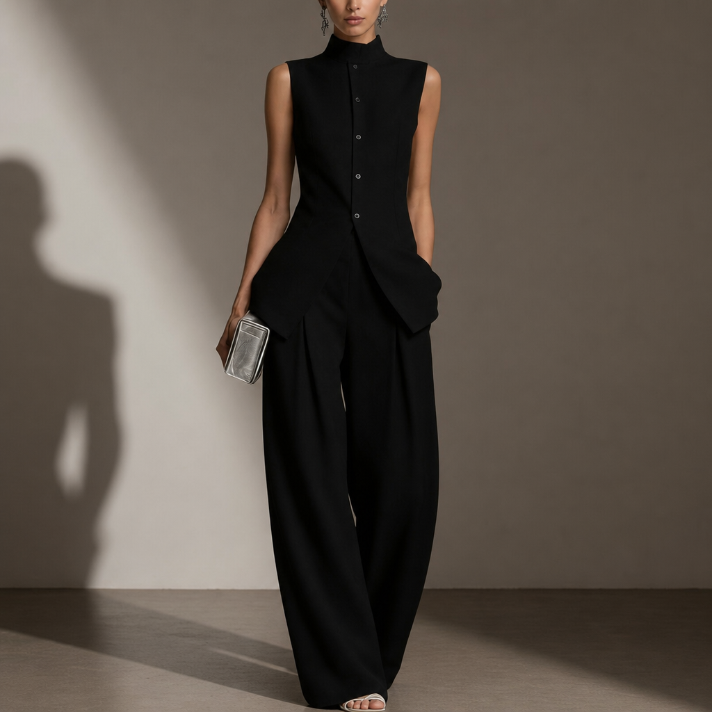 Altea Linen Mock Neck Pant Set in Black