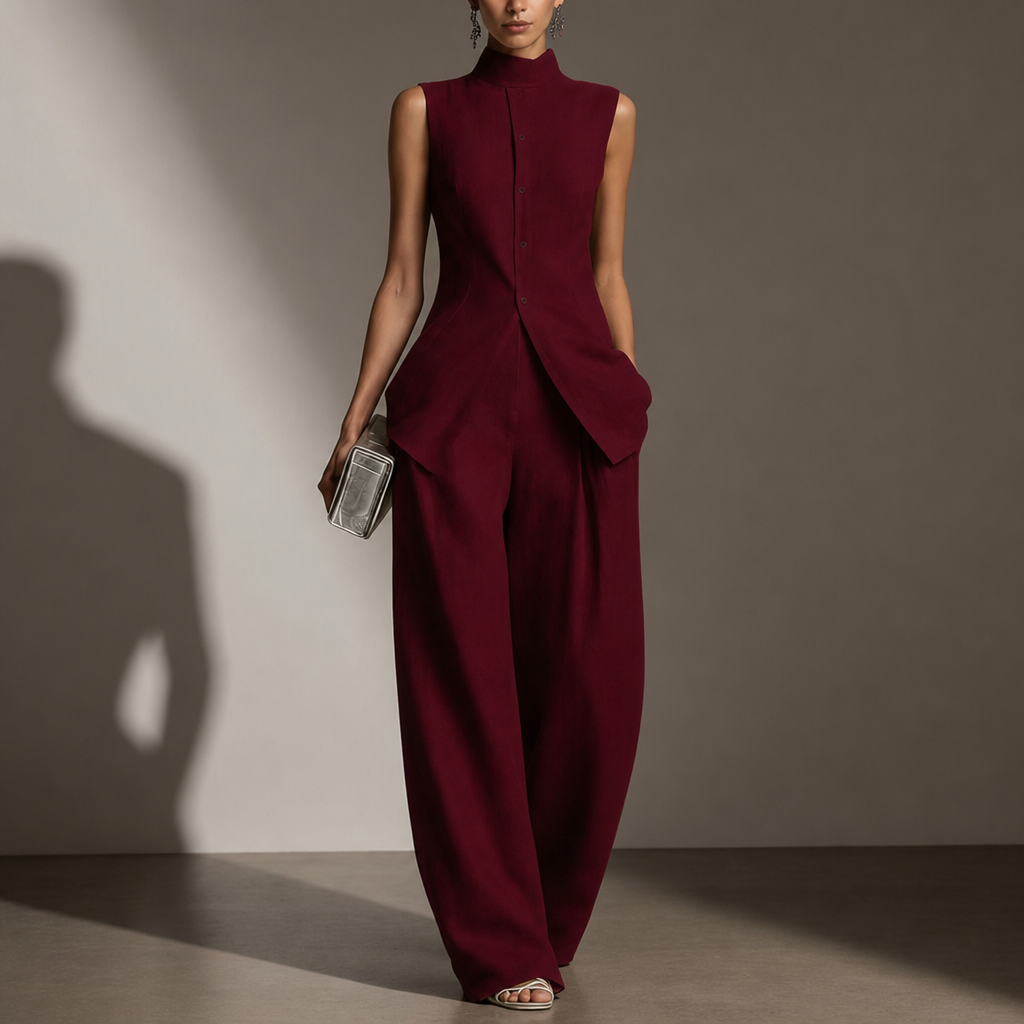 Altea Linen Mock Neck Pant Set in Red