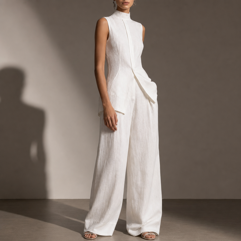 Altea Linen Mock Neck Pant Set in White