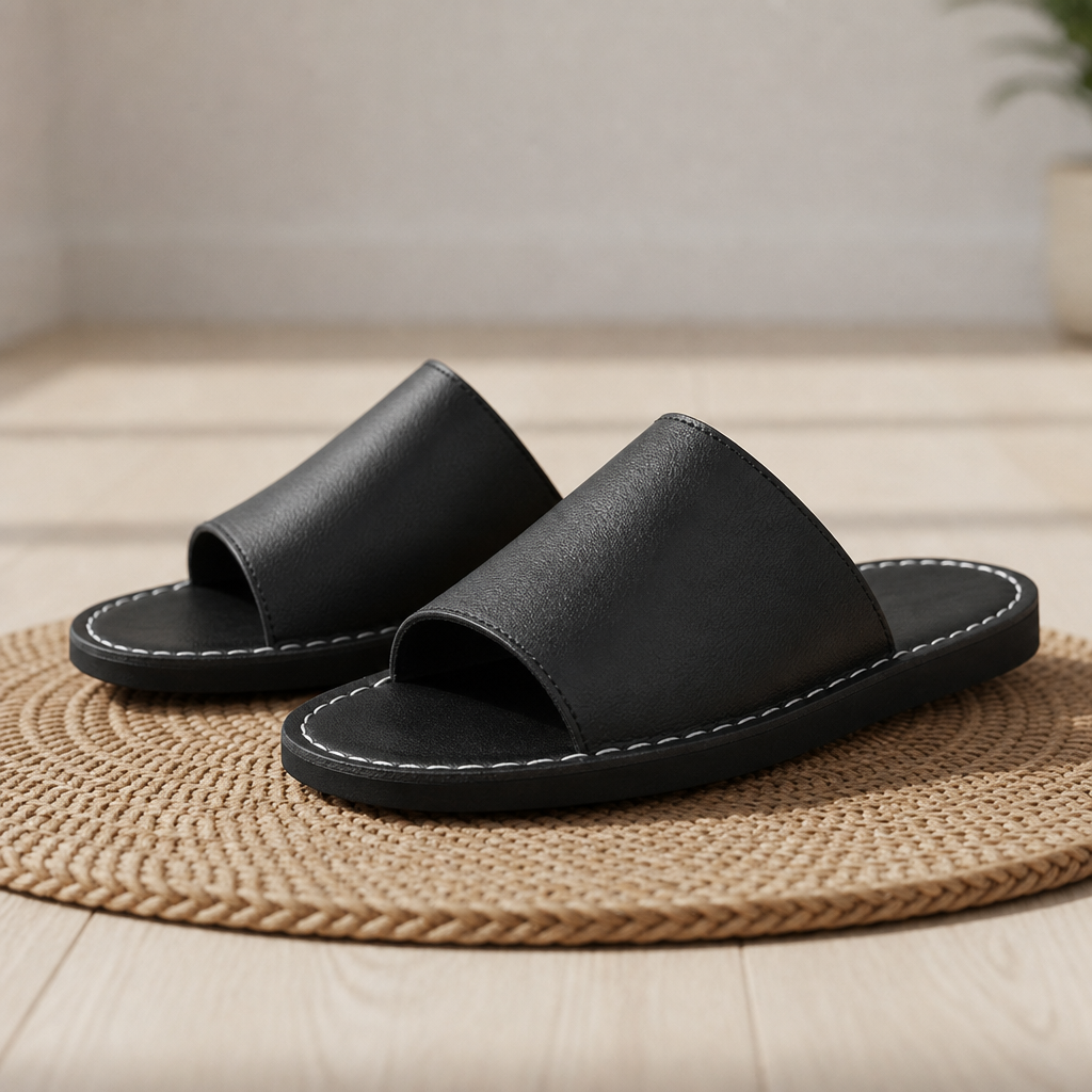 Andros Leather Slide Sandals in Black