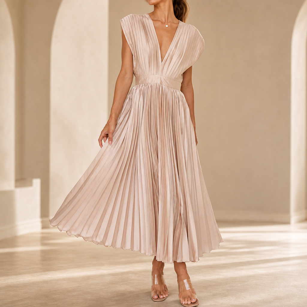 Anzio Pleated V-Neck Midi Dress in Champagne
