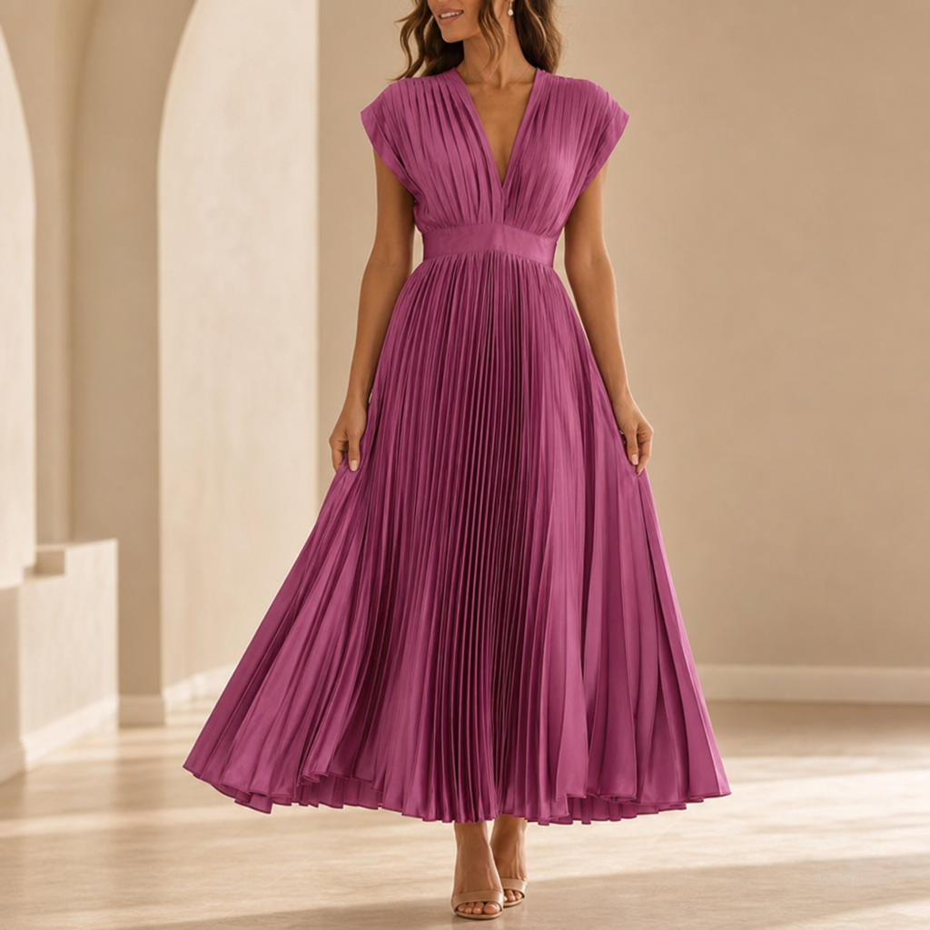 Anzio Pleated V-Neck Midi Dress in Plum