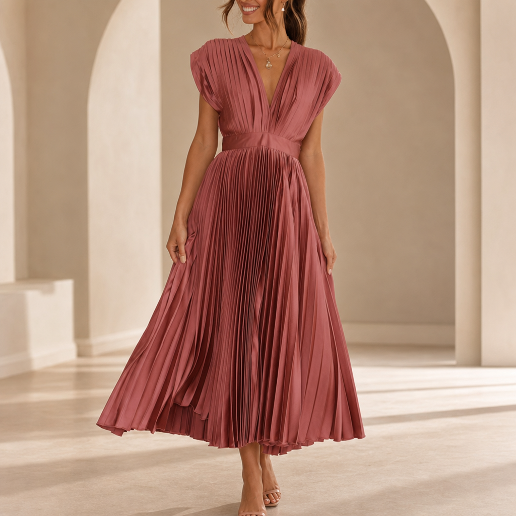 Anzio Pleated V-Neck Midi Dress in Roségold