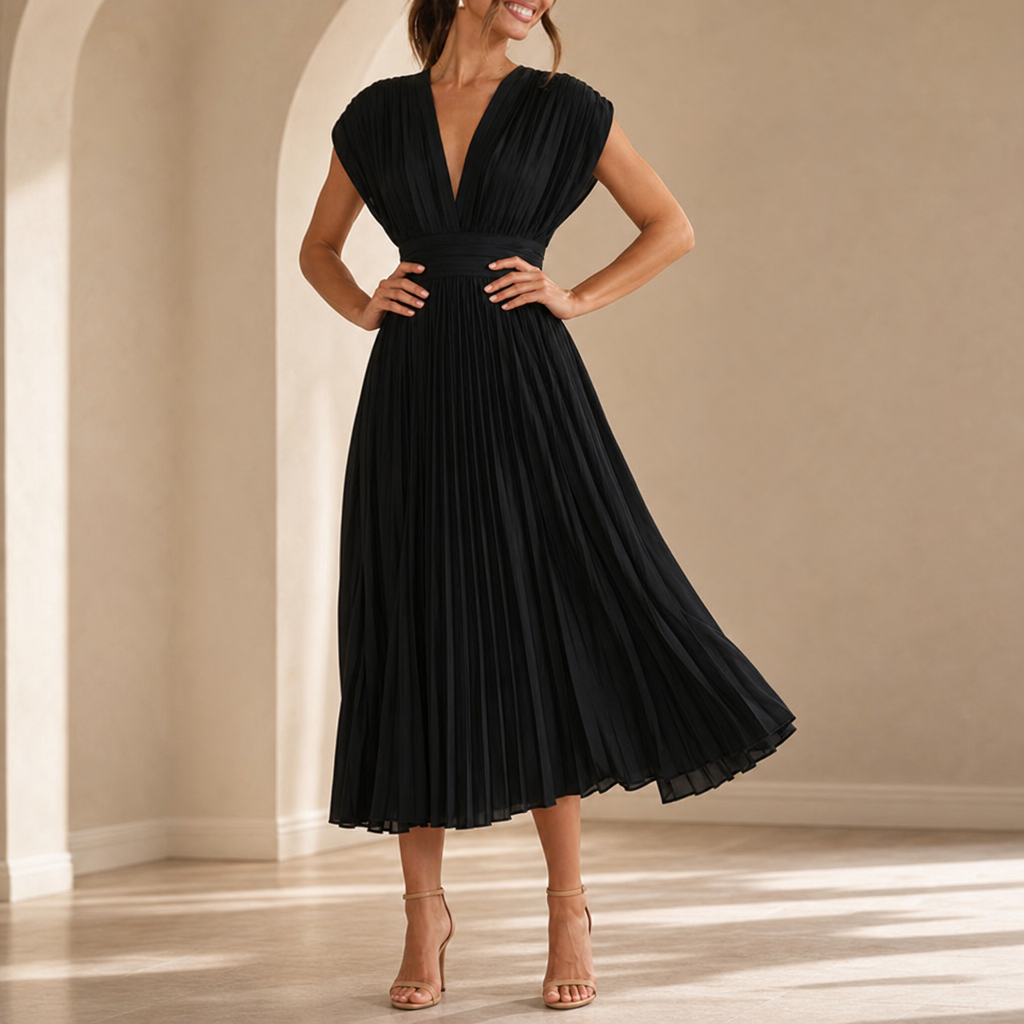 Anzio Pleated V-Neck Midi Dress in Black