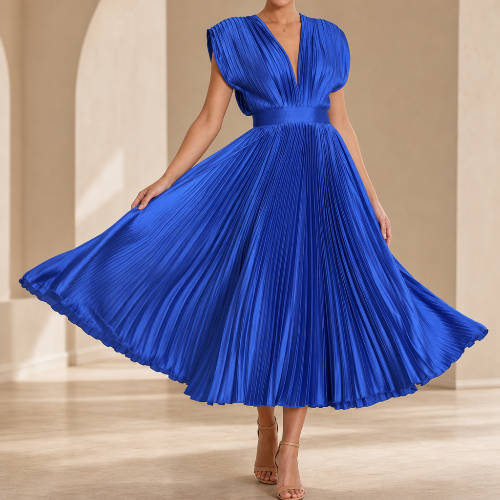 Anzio Pleated V-Neck Midi Dress in Blue