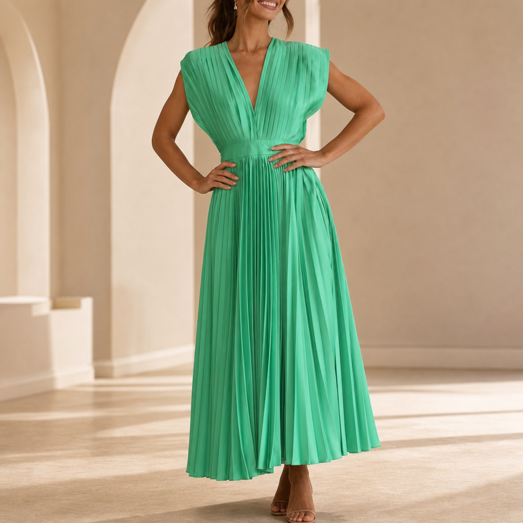 Anzio Pleated V-Neck Midi Dress in Green