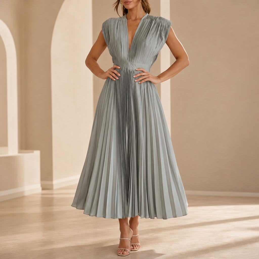 Anzio Pleated V-Neck Midi Dress in Silver