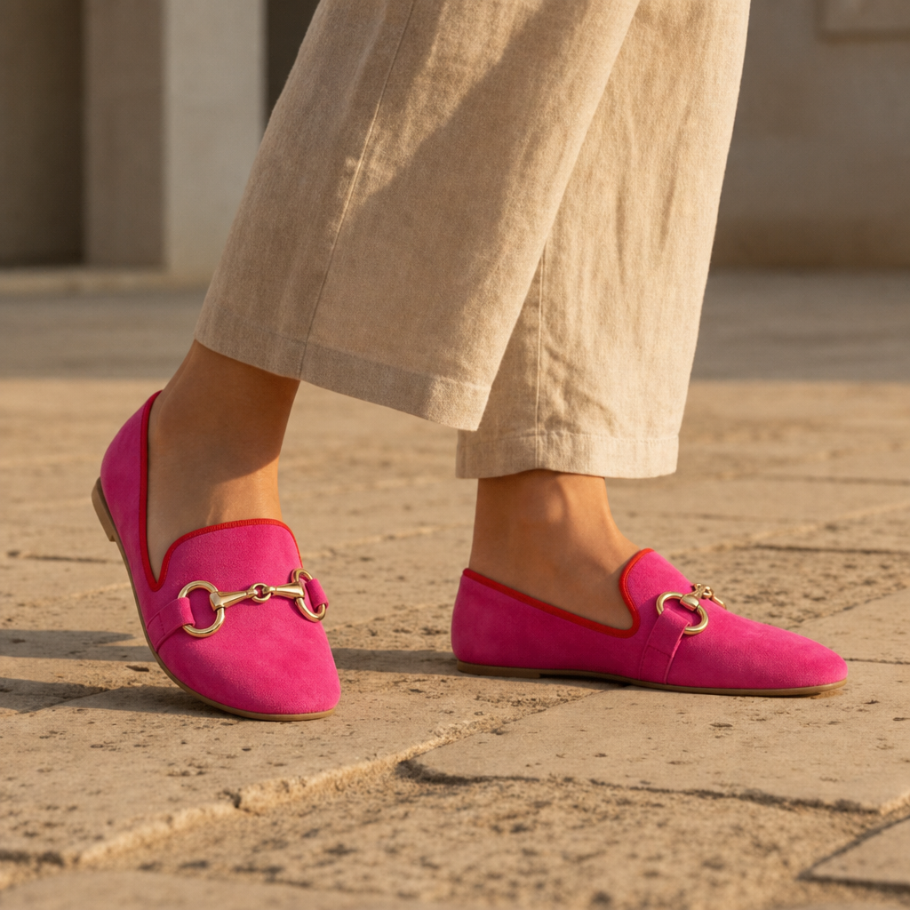 Astypalaia Orthopedic Suede Horsebit Loafers in Deep Pink