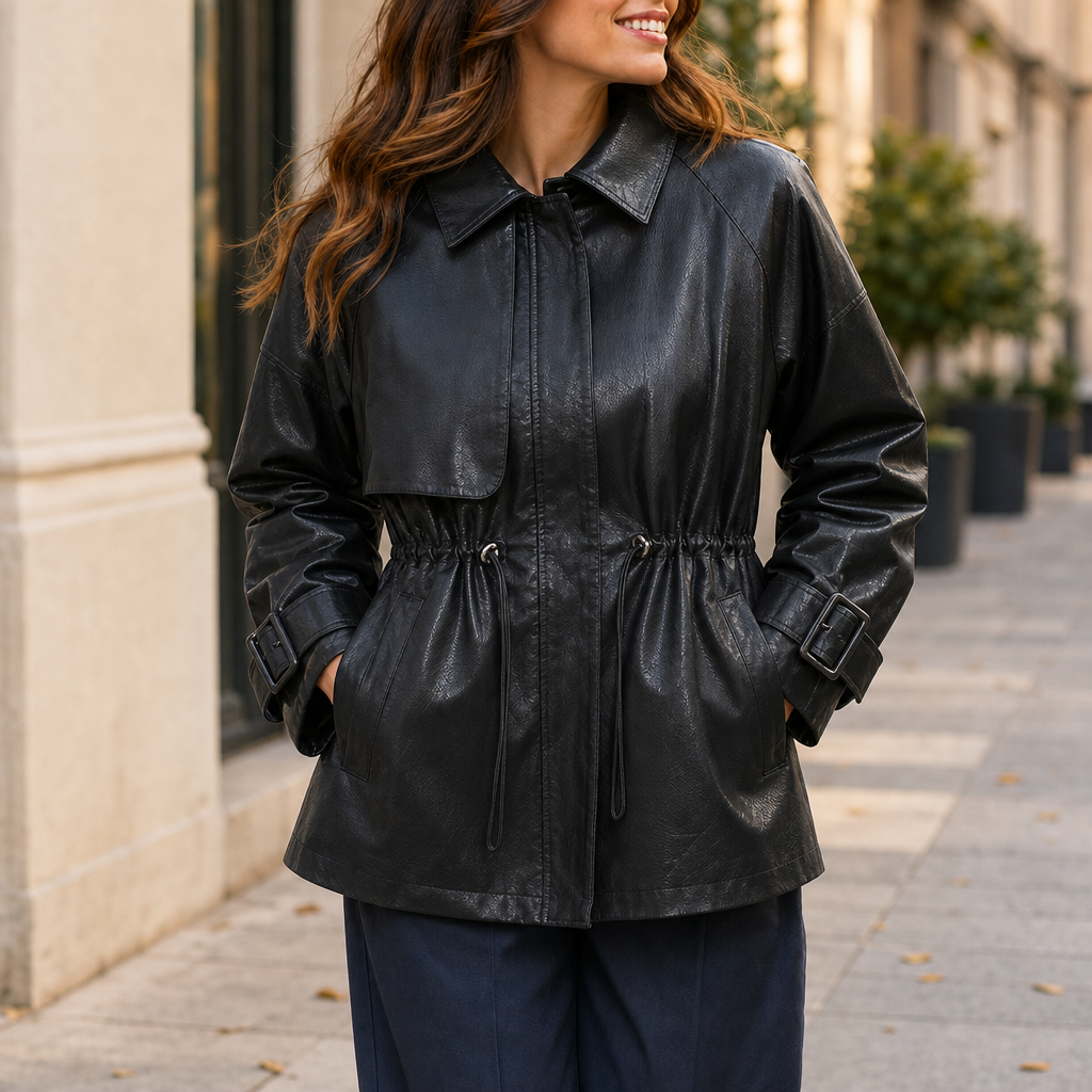 Avila Cinched Waist Leather Jacket in Black