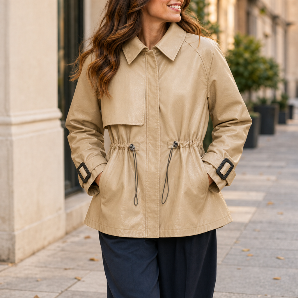 Avila Cinched Waist Leather Jacket in Champagne