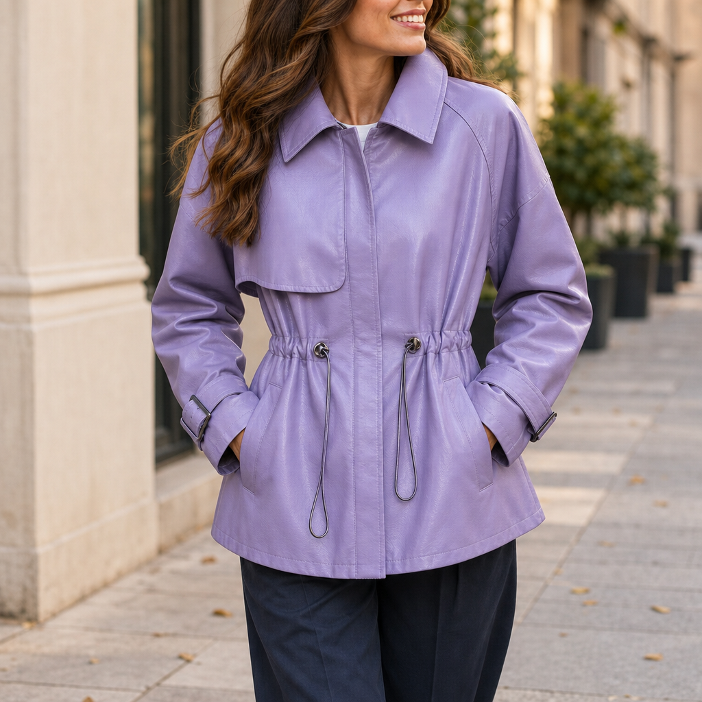 Avila Cinched Waist Leather Jacket in Lavender