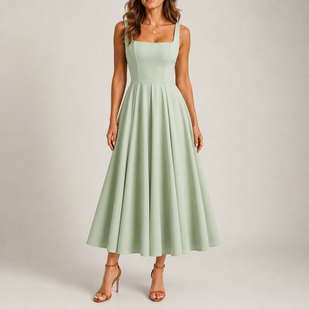 Baeza Strappy Volume-Hem Midi Dress in Light Green