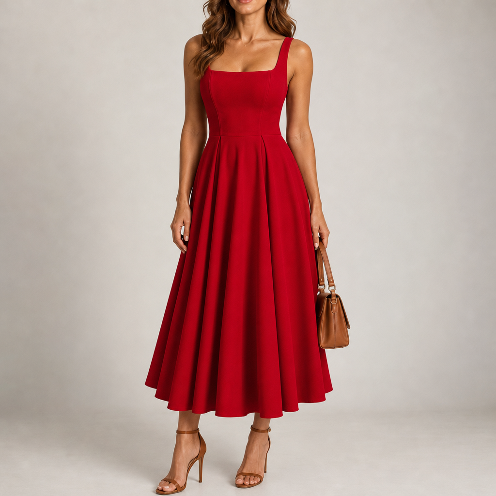 Baeza Strappy Volume-Hem Midi Dress in Red