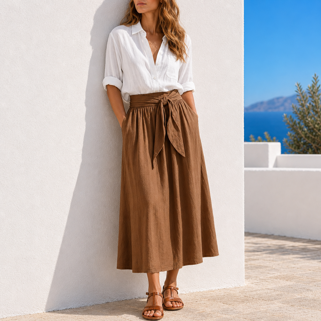 Bandol Linen Co-Ord Set in White Brown