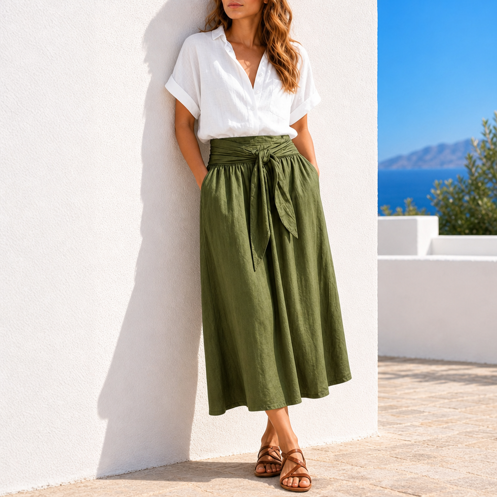 Bandol Linen Co-Ord Set in White Green