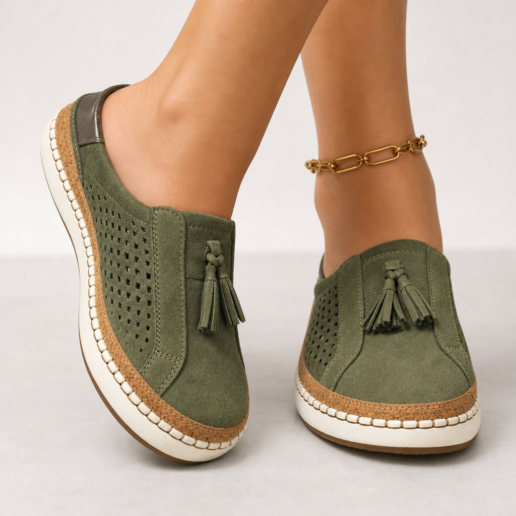 Beaulieu Orthopedic Tassel Mules in Green