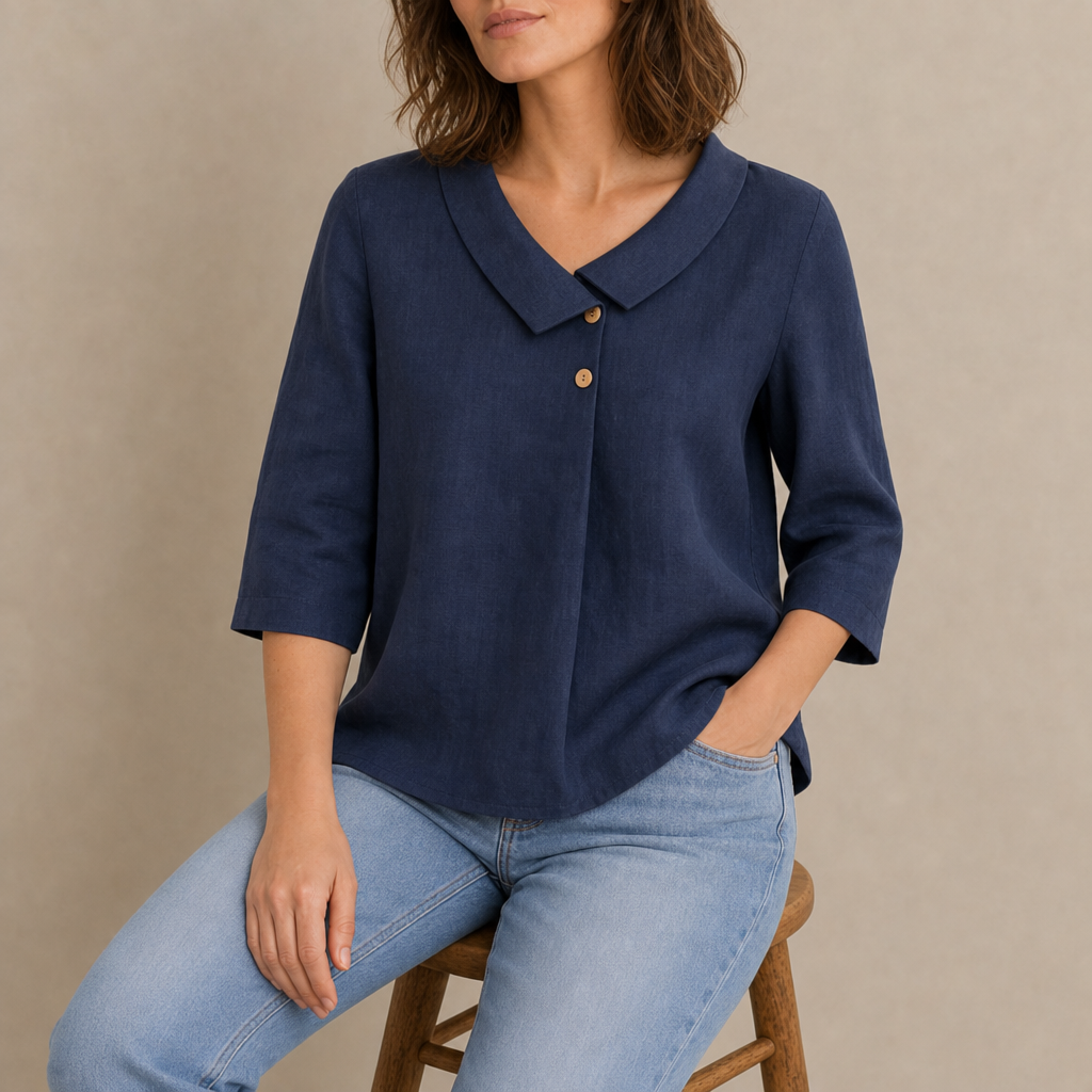 Begur Linen Asymmetric Collar Top in Navy Blue