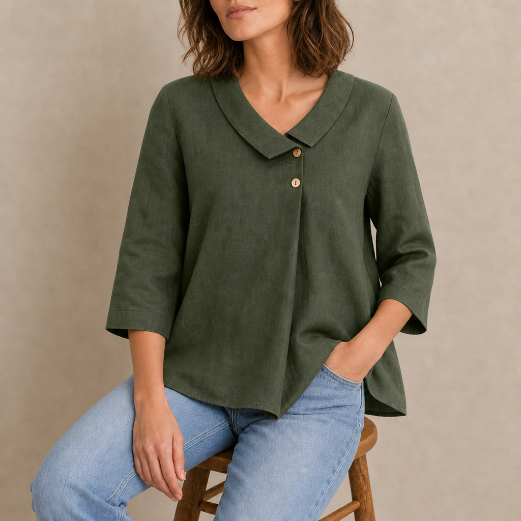 Begur Linen Asymmetric Collar Top in Forest Olive
