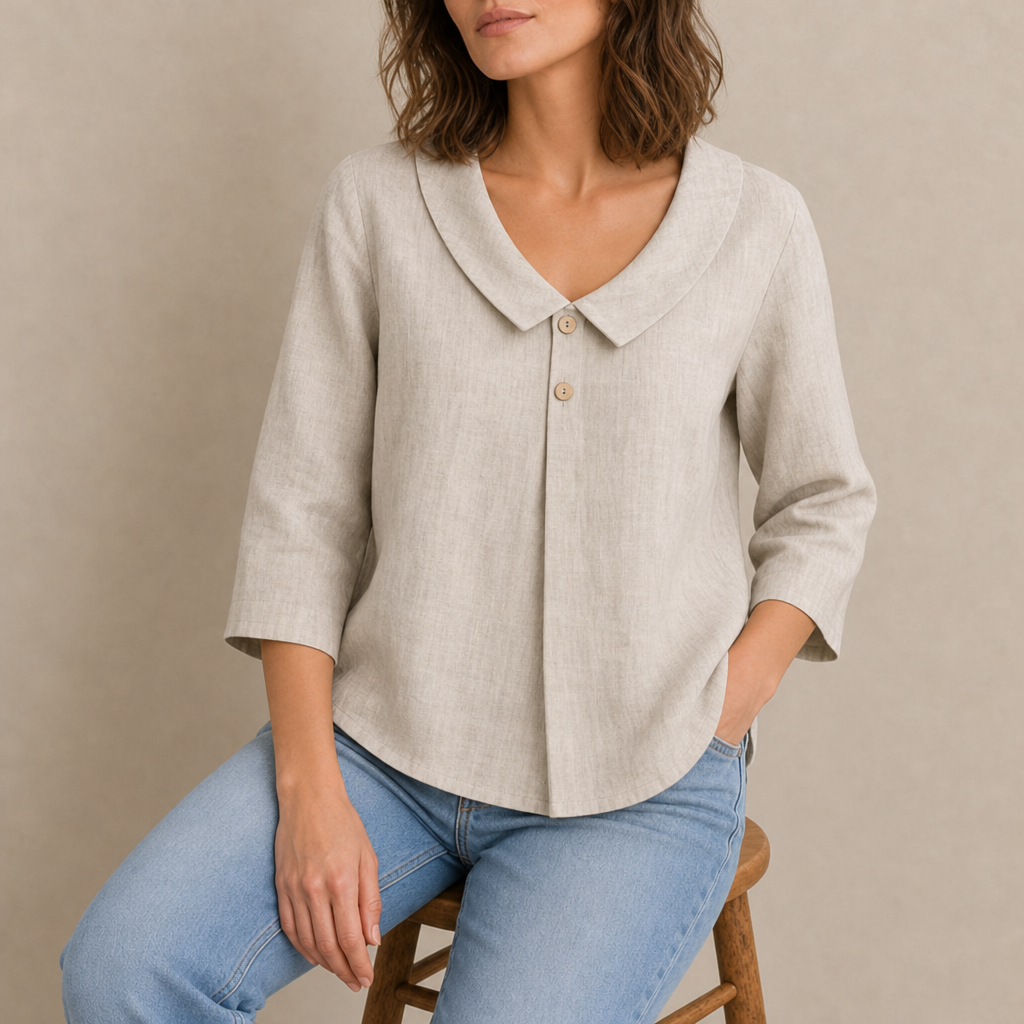 Begur Linen Asymmetric Collar Top in Natural Melange