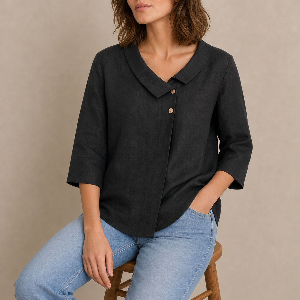 Begur Linen Asymmetric Collar Top in Charcoal Black