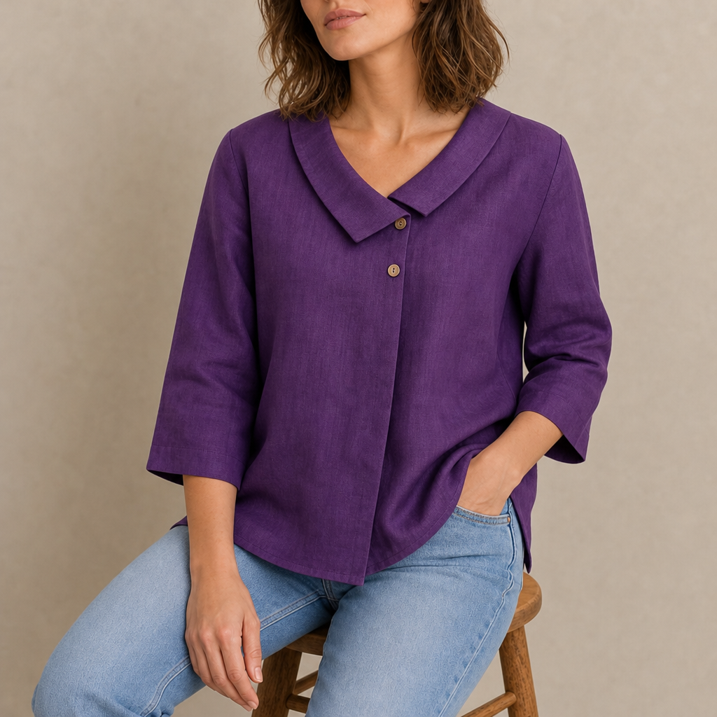 Begur Linen Asymmetric Collar Top in Dark Purple