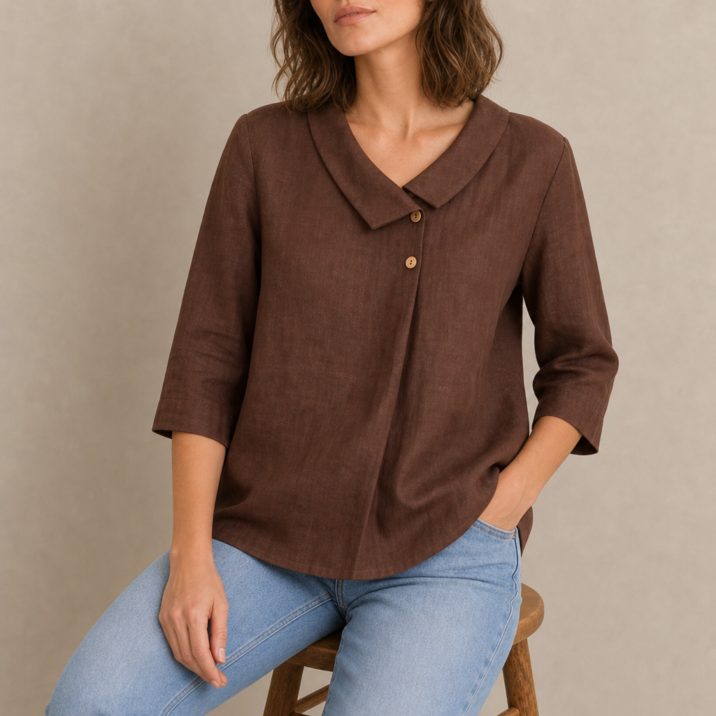 Begur Linen Asymmetric Collar Top in Espresso Brown