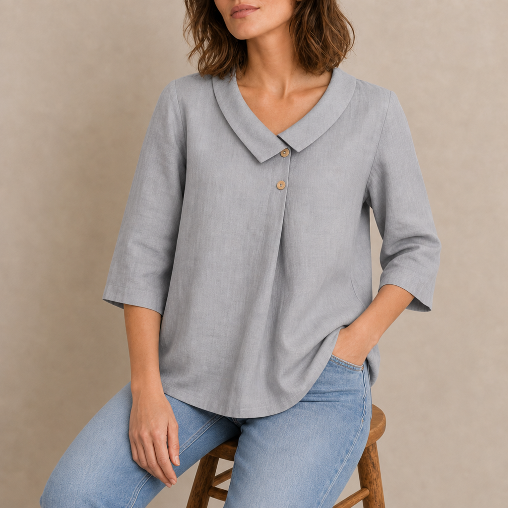 Begur Linen Asymmetric Collar Top in Silver Ash