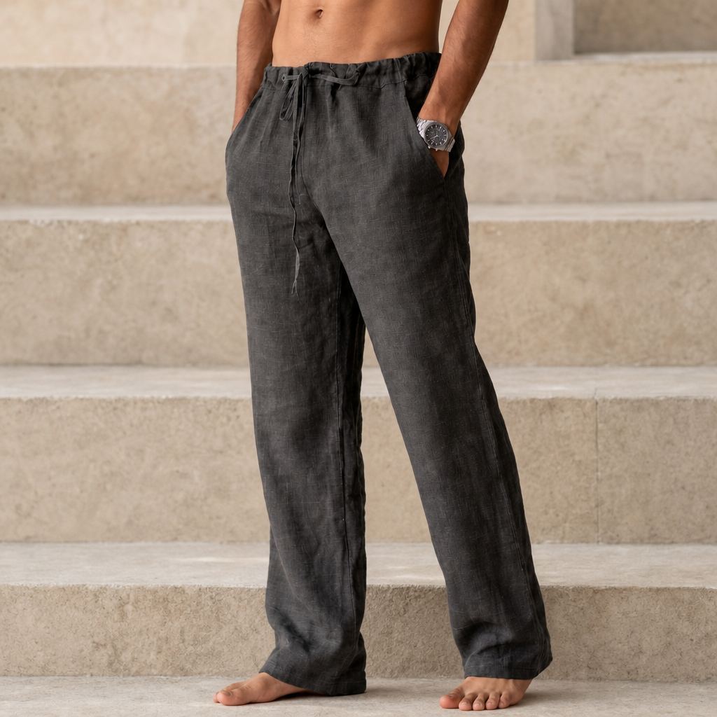 Bellagio Linen Drawstring Trousers in Dark Gray