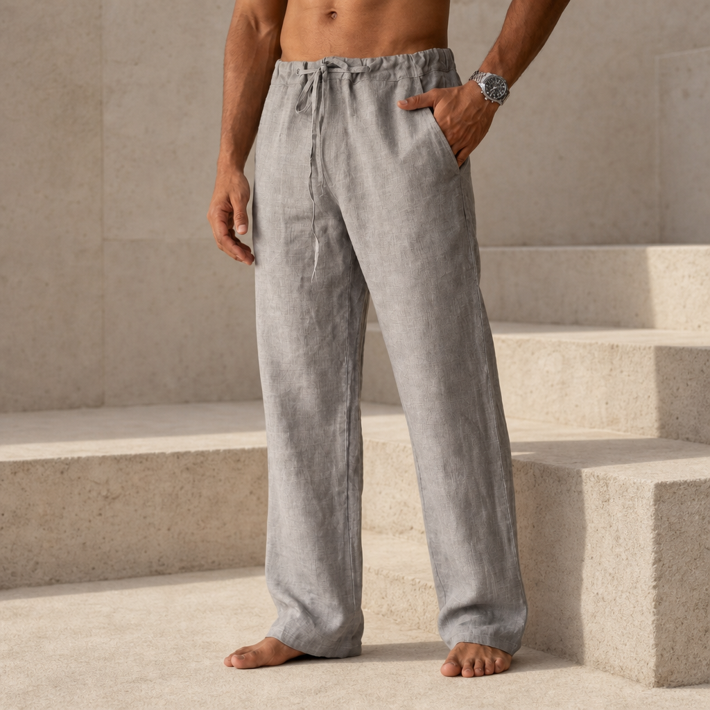 Bellagio Linen Drawstring Trousers in Gray