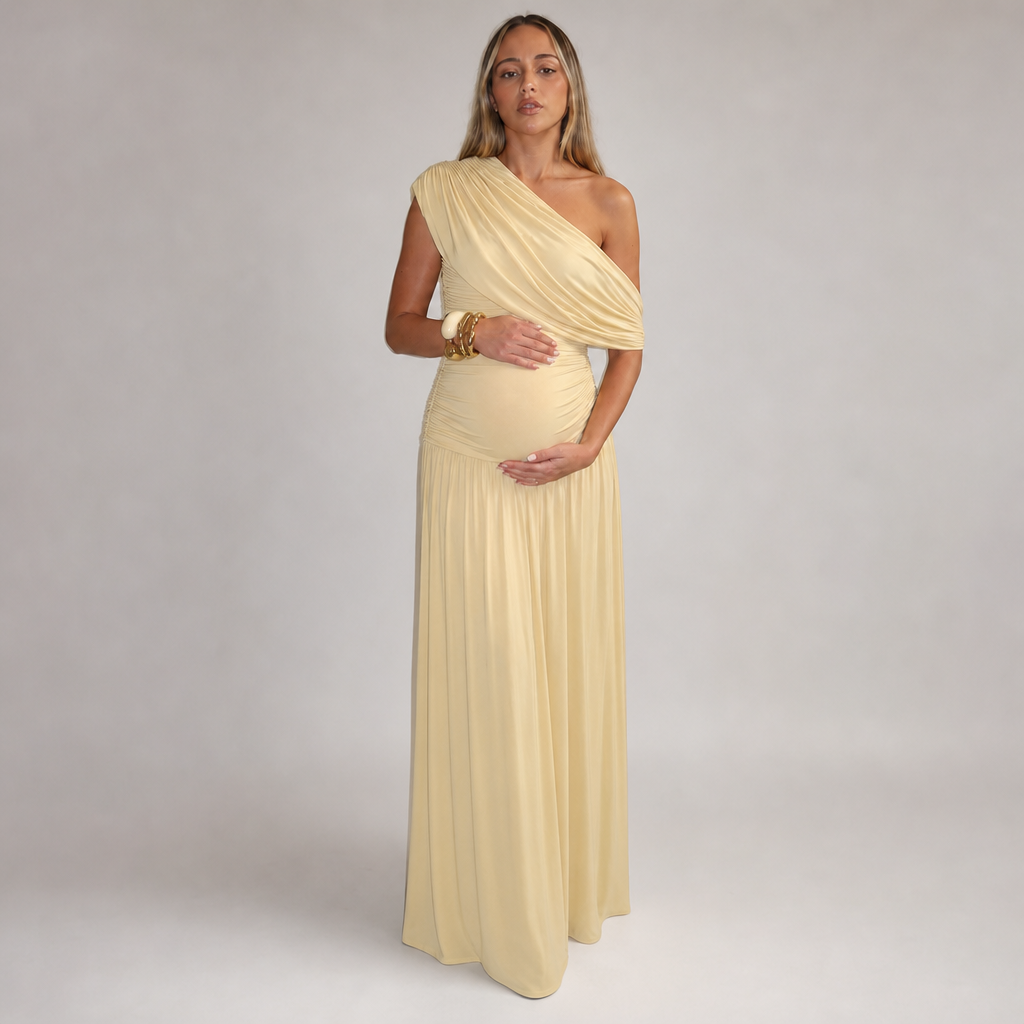 Beziers Asymmetric Ruched Maxi Dress in Apricot (Only 9 left in stock)
