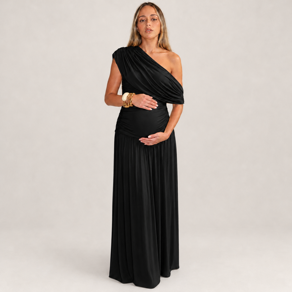 Beziers Asymmetric Ruched Maxi Dress in Black