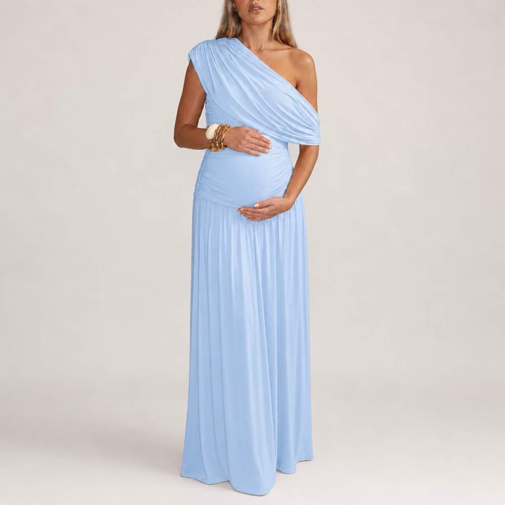 Beziers Asymmetric Ruched Maxi Dress in Light Blue
