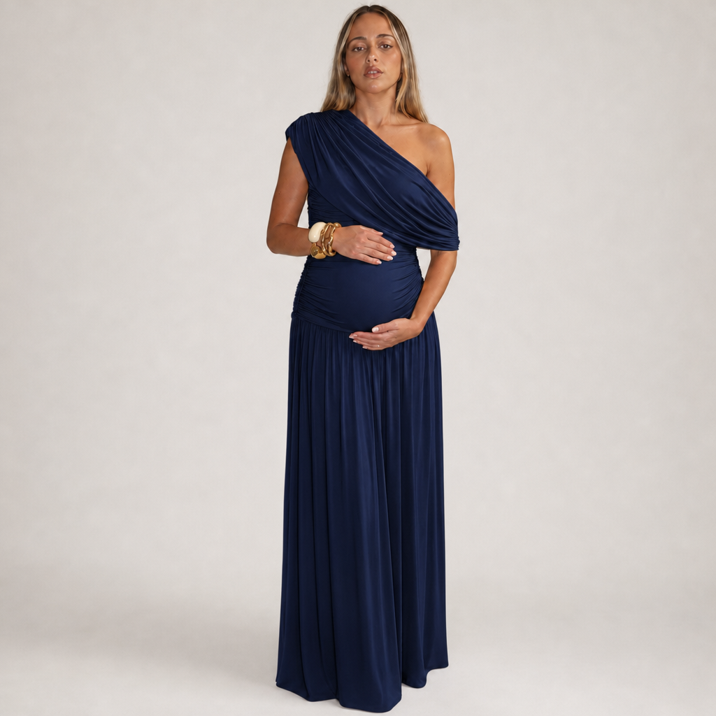 Beziers Asymmetric Ruched Maxi Dress in Navy