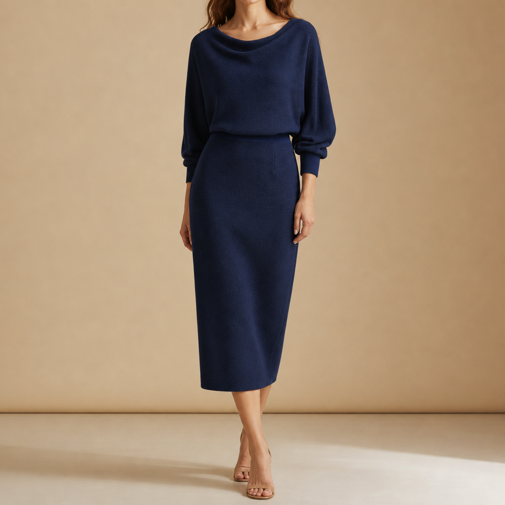 Biot Draped Knit Midi Dress in Navy Blue