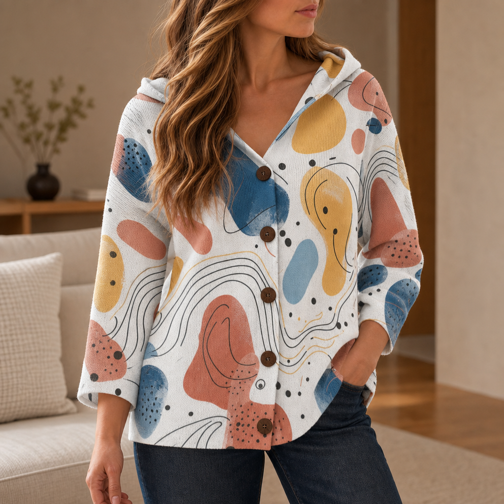 Birgu Abstract Print Hooded Cardigan in Beige