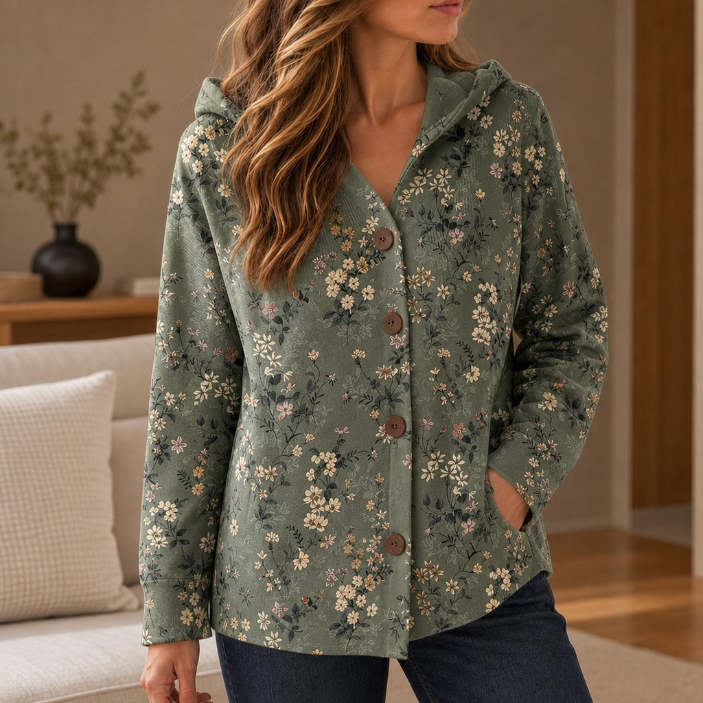Birgu Abstract Print Hooded Cardigan in Dark Green