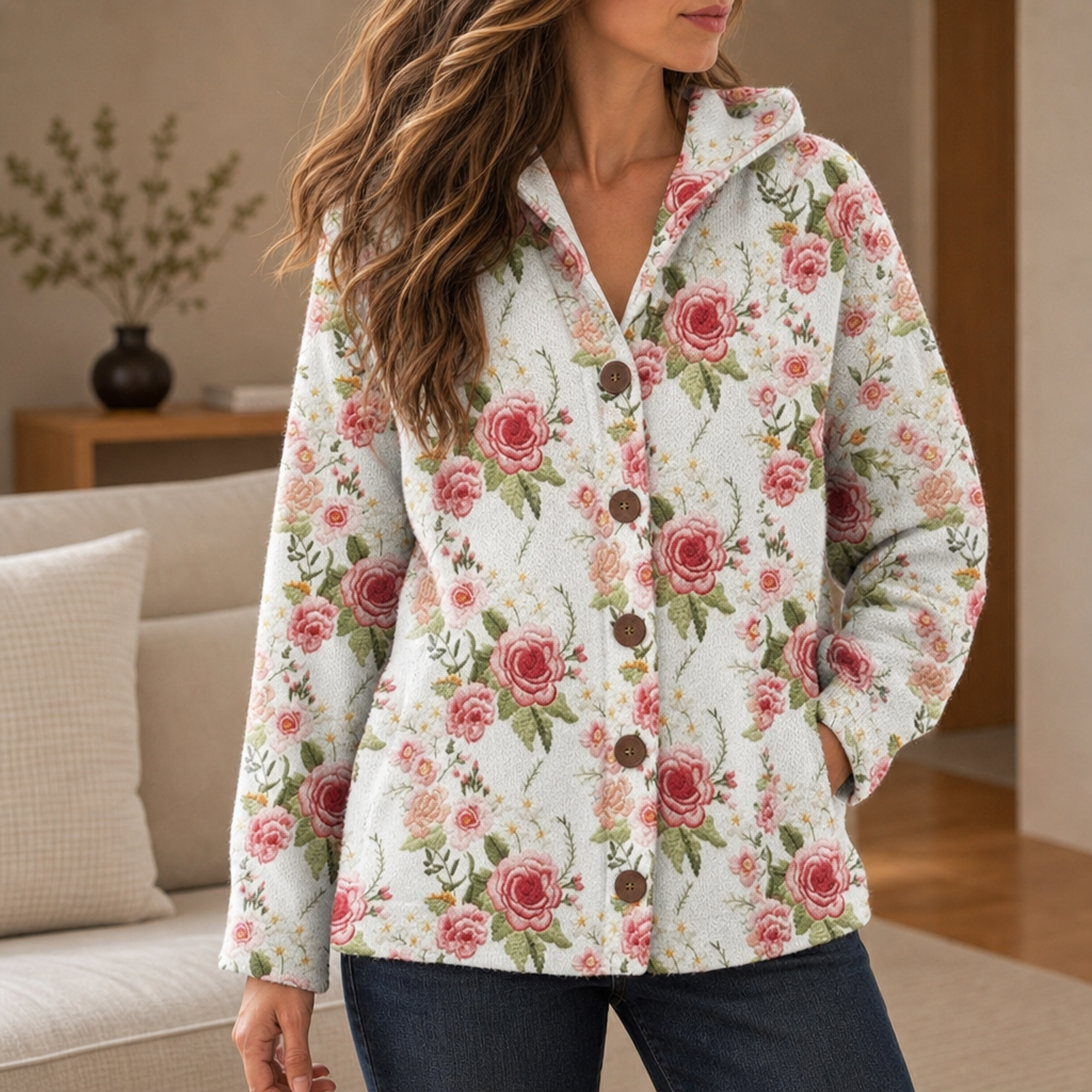 Birgu Abstract Print Hooded Cardigan in Floral White